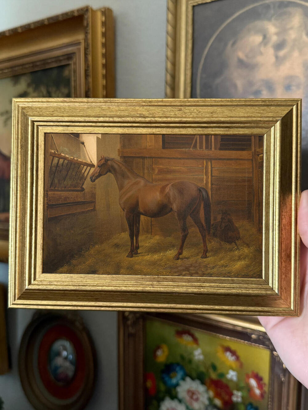 Vintage Inspired Brown Horse in Stable Art Print Framed